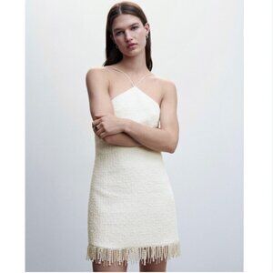 JASON WU CREAM TEXTURED TWEED PEARL FRINGED HALTER MINI DRESS